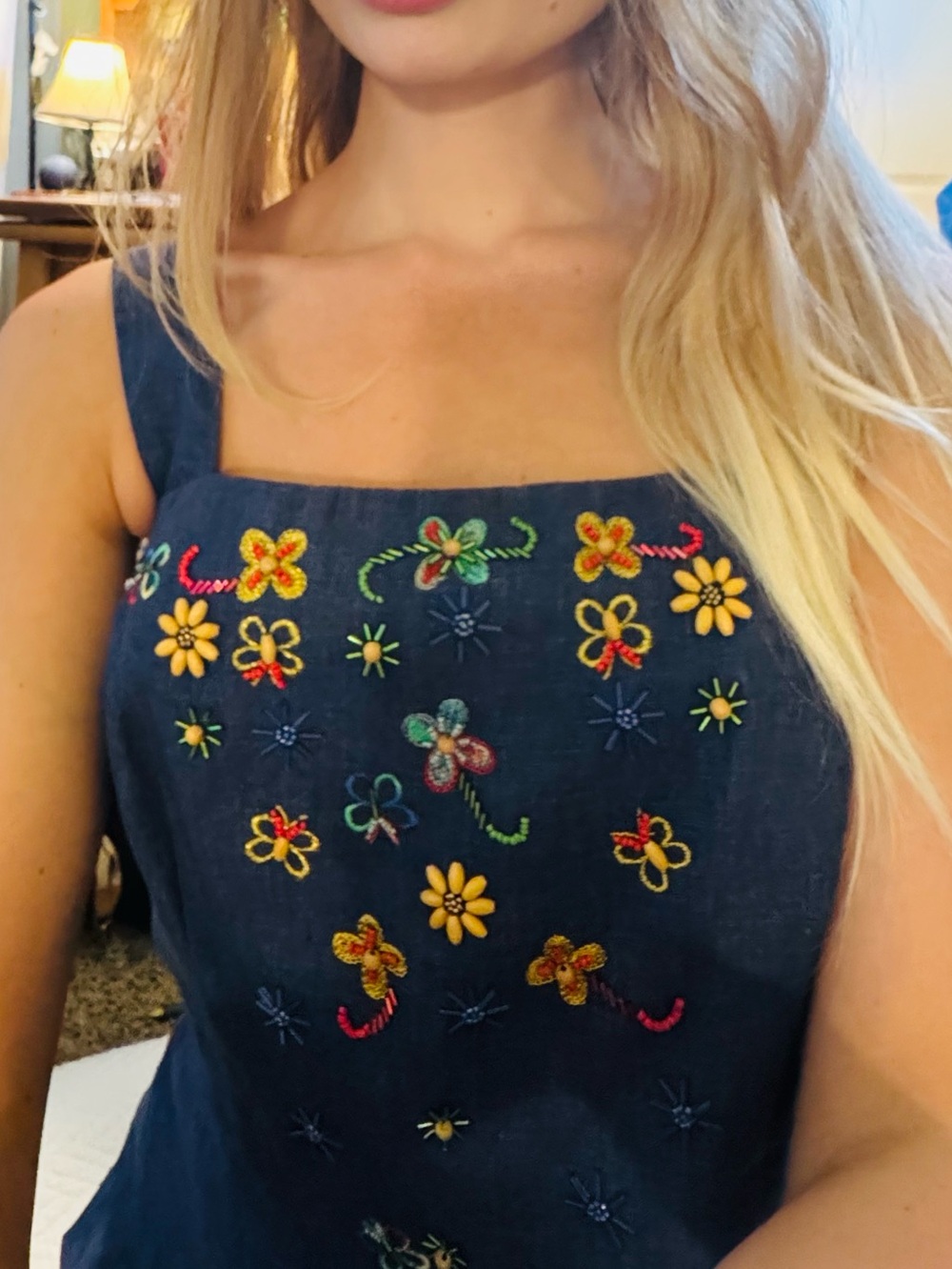 👑 Size 4 Designer Donna Morgan Navy Embroidered Denim Tank Dress - Picture 2 of 16